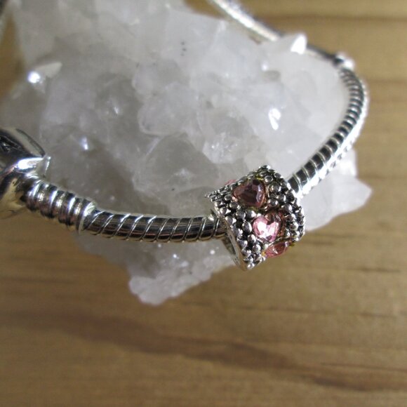 Silver Beaded European Charm with Heart crystals - Picture 1 of 7